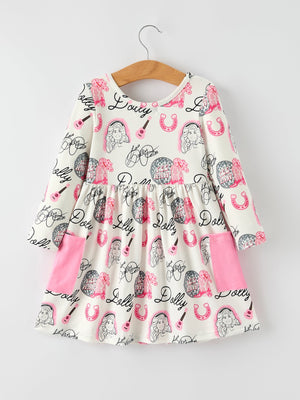 Pink Dolly Pattern Long Sleeve Dress – Cute Cowgirl Style for Girls
