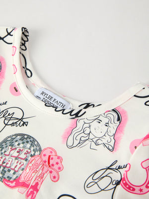 Pink Dolly Pattern Long Sleeve Dress – Cute Cowgirl Style for Girls