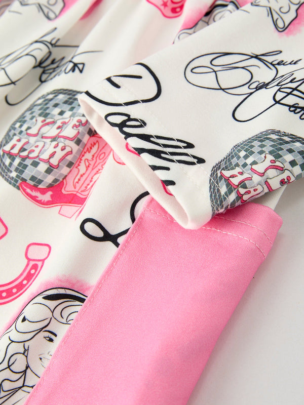 Pink Dolly Pattern Long Sleeve Dress – Cute Cowgirl Style for Girls