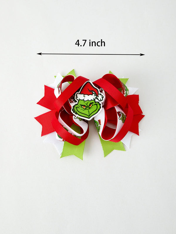 Christmas Character Red Green Bow 4.7 inch Hairpin