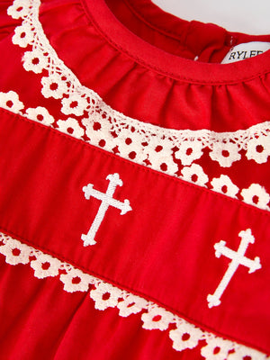 Red Christmas Baby Girls Romper: Cross Embroidery with Lace Trim