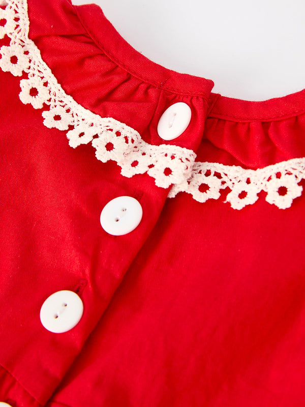 Red Christmas Baby Girls Romper: Cross Embroidery with Lace Trim
