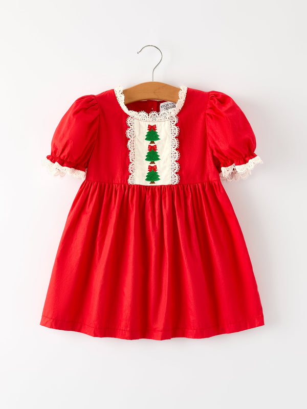 Red Christmas Girls Dress: Beautiful Embroidery with Lace Trim