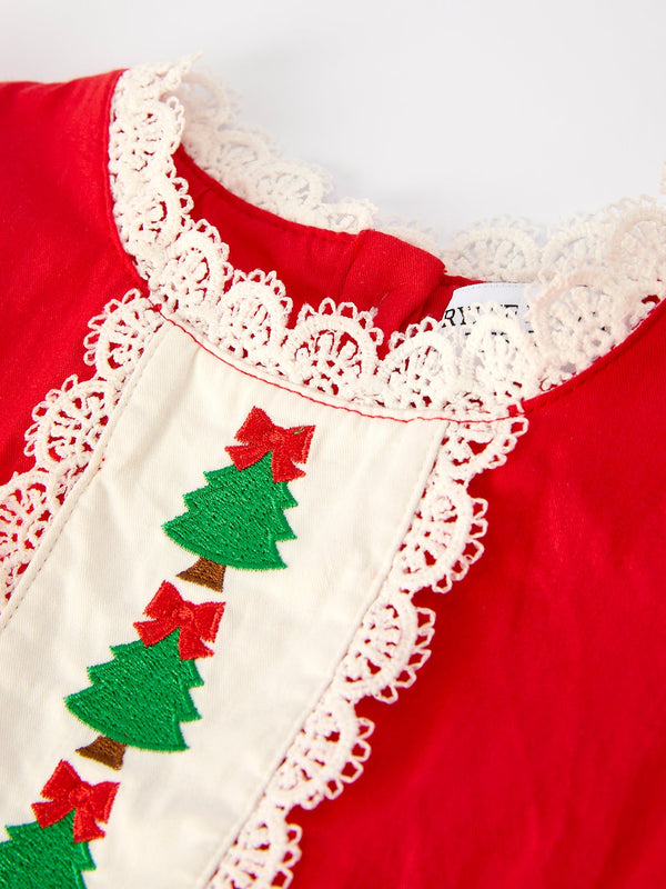 Red Christmas Girls Dress: Beautiful Embroidery with Lace Trim