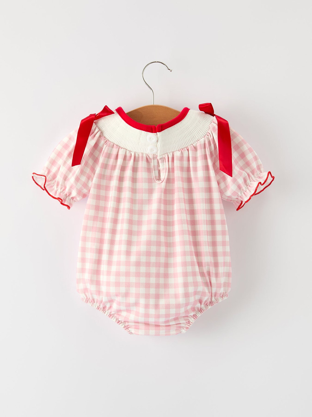 Pink Gingham Christmas Baby Girls Romper: Santa Embroidery with Red Satin Ribbon