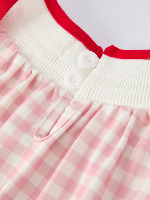 Pink Gingham Christmas Baby Girls Romper: Santa Embroidery with Red Satin Ribbon