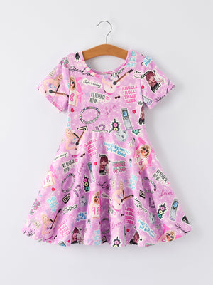 Christmas Purple Ts Twirly Print Girls Short sleeves Dress：Musical Journey in Style