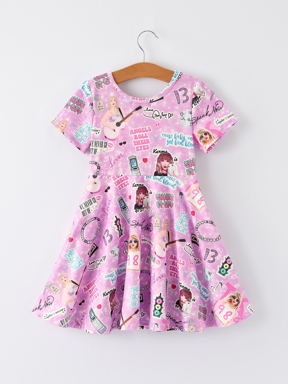 Christmas Purple Ts Twirly Print Girls Short sleeves Dress：Musical Journey in Style