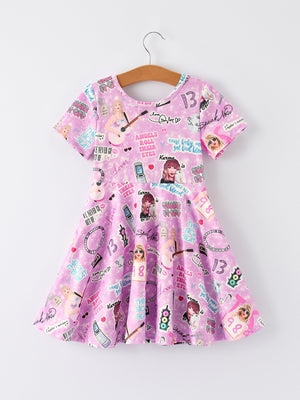 Christmas Purple Ts Twirly Print Girls Short sleeves Dress：Musical Journey in Style