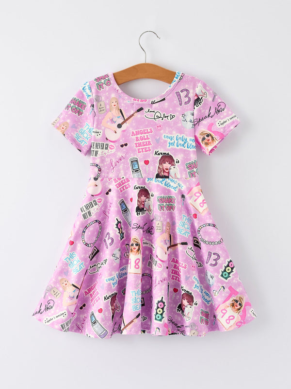 Christmas Purple Ts Twirly Print Girls Short sleeves Dress：Musical Journey in Style