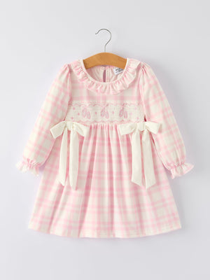 Pink plaid ruffle ballet shoe embroidery long sleeve dress for babies, perfect for stylish and comfortable wear.
