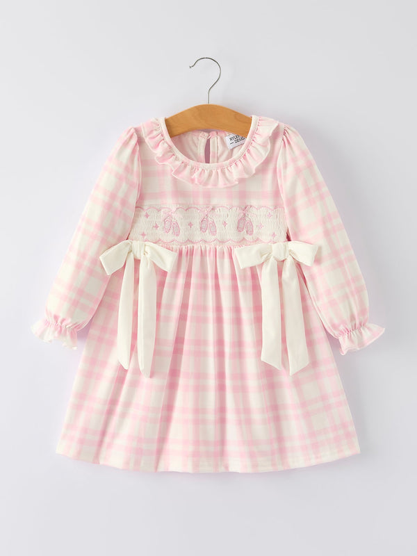 Pink plaid ruffle ballet shoe embroidery long sleeve dress for babies, perfect for stylish and comfortable wear.