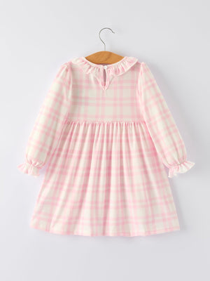 Pink plaid ruffle ballet shoe embroidered long sleeve dress for baby girls, angle view.
