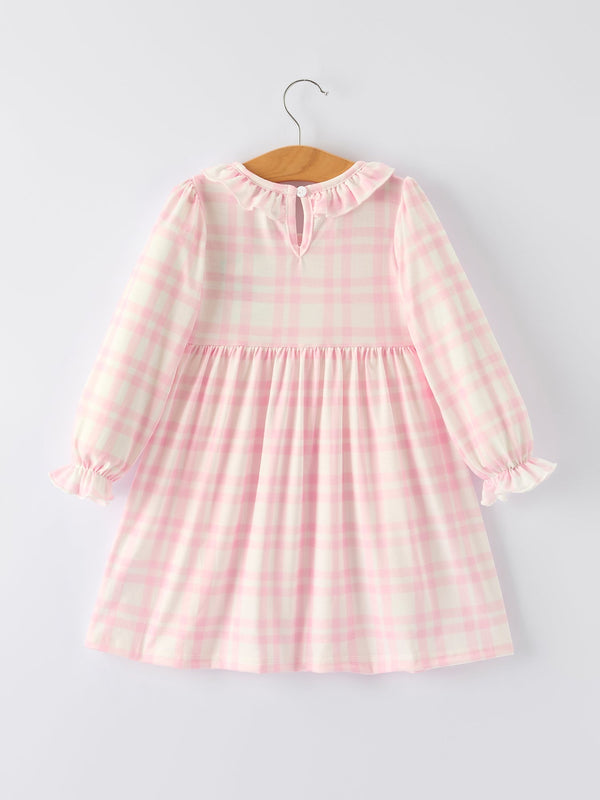 Pink plaid ruffle ballet shoe embroidered long sleeve dress for baby girls, angle view.