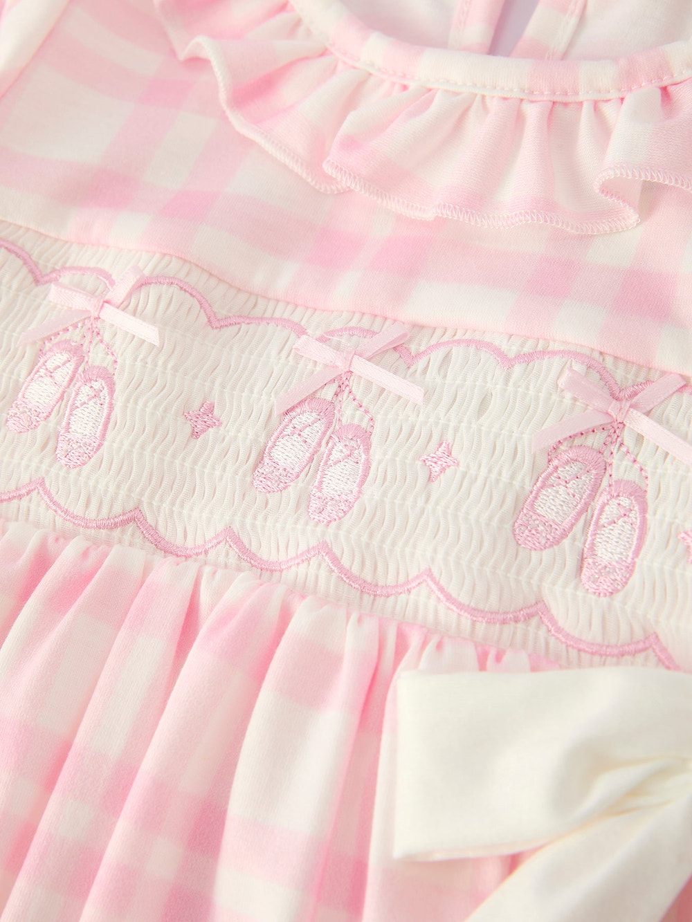 Pink plaid ruffle ballet shoe embroidery long sleeve dress for babies, perfect for stylish and comfortable wear.