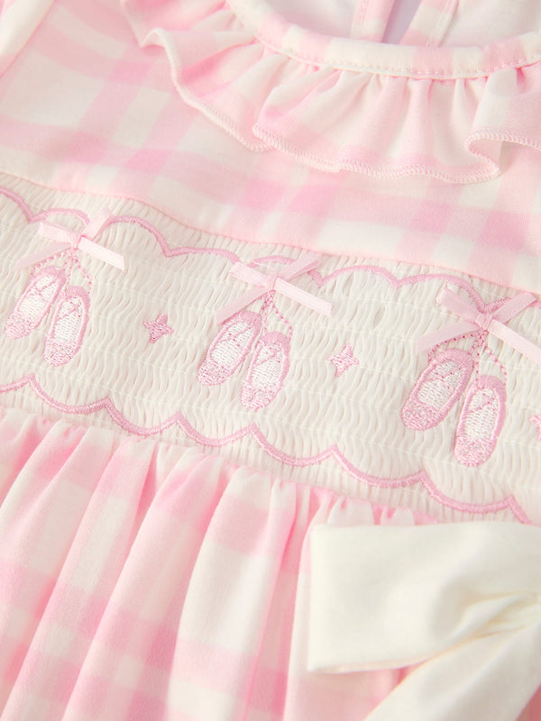 Pink plaid ruffle ballet shoe dress with embroidery, shown from angle 2. Perfect for stylish baby outfits.