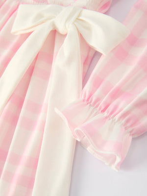 Pink plaid ruffle ballet shoe embroidered long sleeve dress for babies, angle view 4.