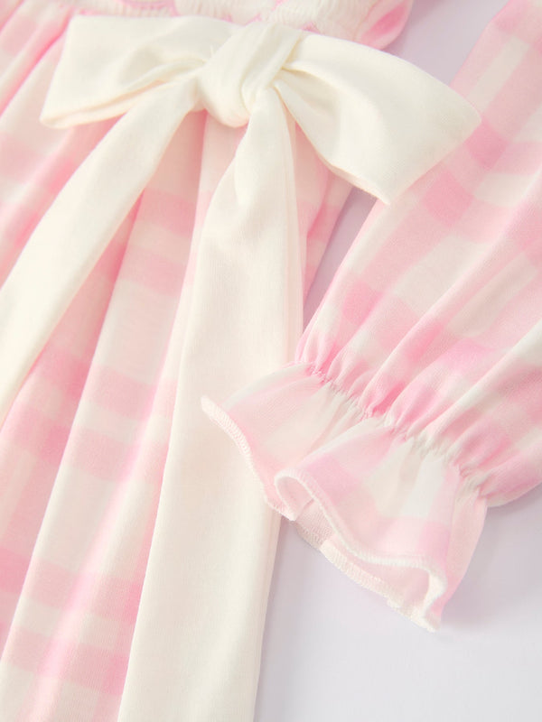 Pink plaid ruffle ballet shoe embroidered long sleeve dress for babies, angle view 4.