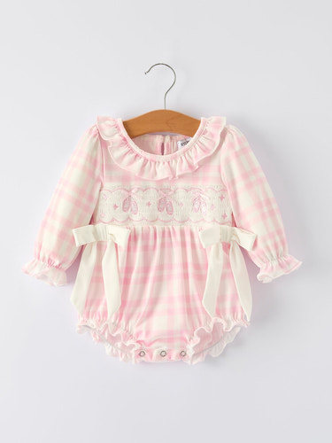 Pink plaid ruffle ballet shoe romper with embroidery for babies, perfect for stylish and comfortable playtime.
