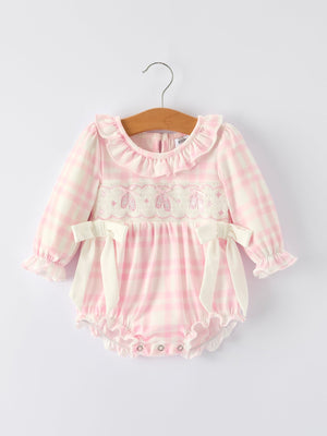 Pink plaid ruffle ballet shoe romper with embroidery for babies, perfect for stylish and comfortable playtime.