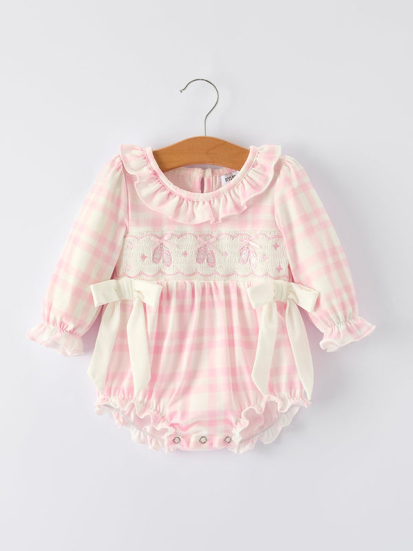 Pink plaid ruffle ballet shoe romper with embroidery for babies, perfect for stylish and comfortable playtime.