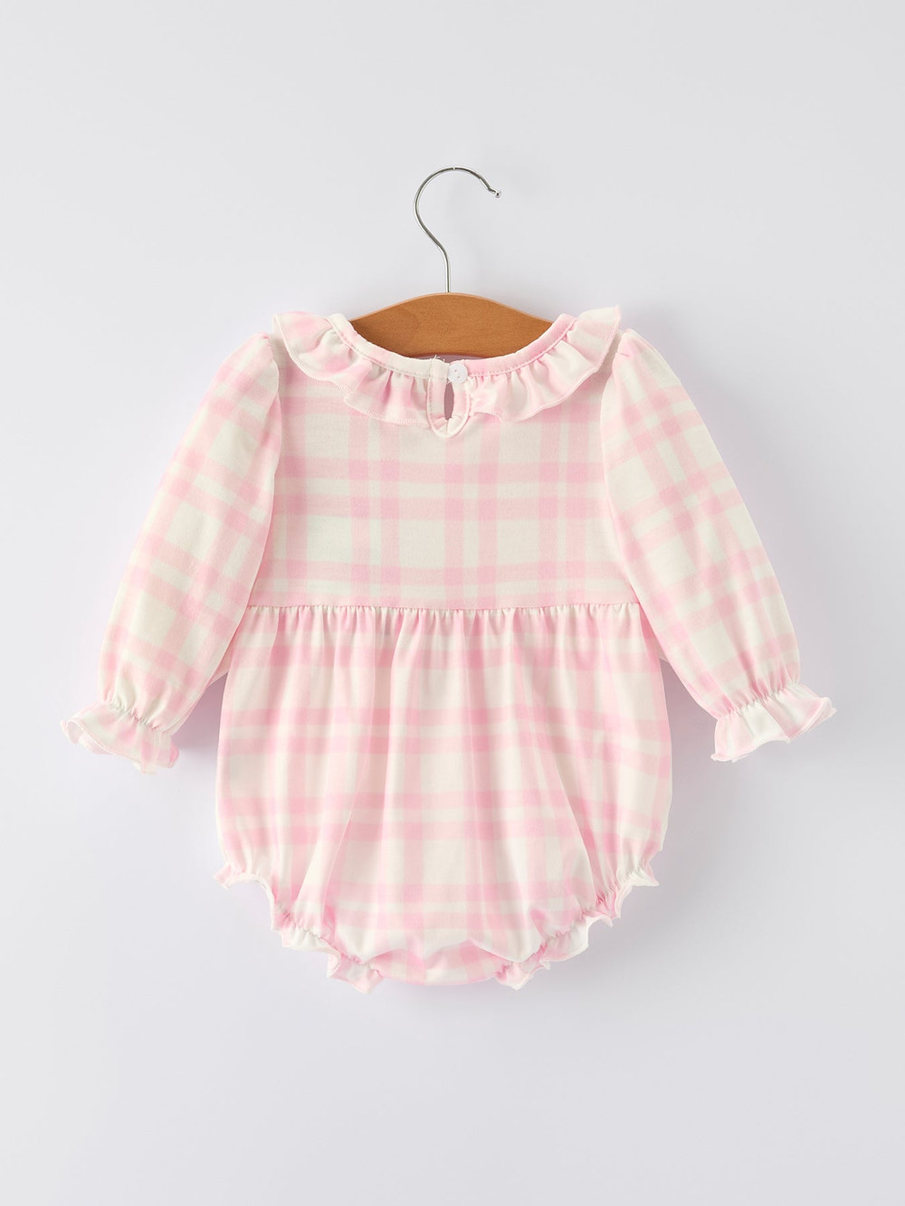 Pink plaid ruffle ballet shoe romper with embroidery for babies, perfect for stylish and comfortable playtime.