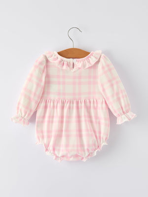 Pink plaid ruffle ballet shoe embroidered long sleeve romper for babies, shown from angle 2.