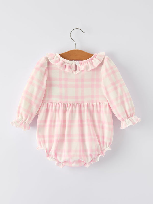 Pink plaid ruffle ballet shoe embroidered long sleeve romper for babies, shown from angle 2.