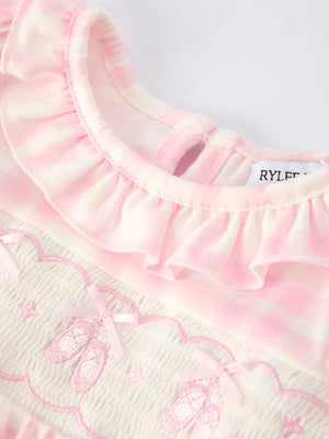Pink plaid ruffle ballet shoe romper with embroidery, angle 3 view, perfect for stylish baby outfits.