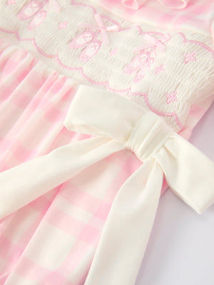 Pink plaid ruffle ballet shoe embroidered long sleeve romper for babies, shown from angle 4.