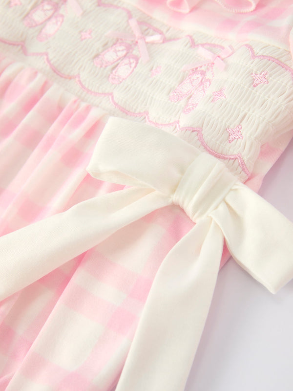 Pink plaid ruffle ballet shoe embroidered long sleeve romper for babies, shown from angle 4.