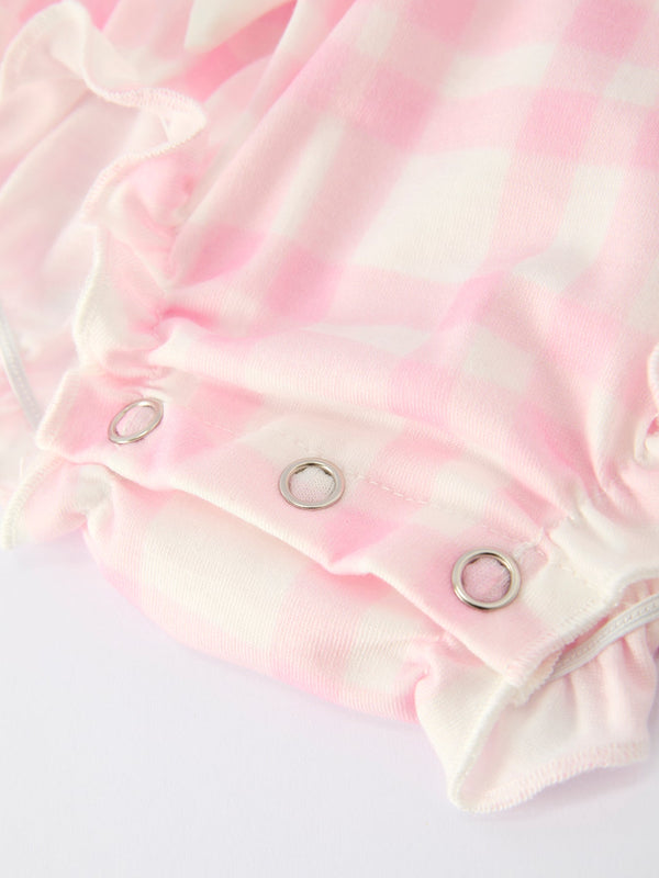 Pink plaid ruffle ballet shoe romper with embroidery, long sleeves, angle view 5. Perfect for stylish baby outfits.