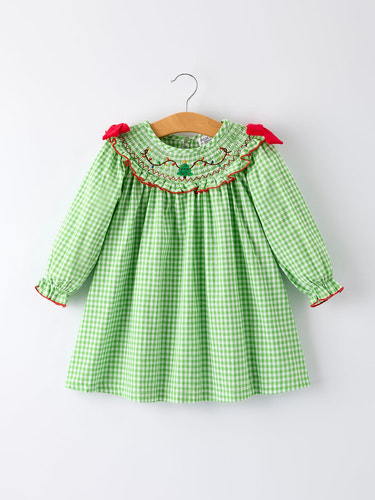 Christmas Tree Smocked Embroidery Girls Dress with Green Plaid