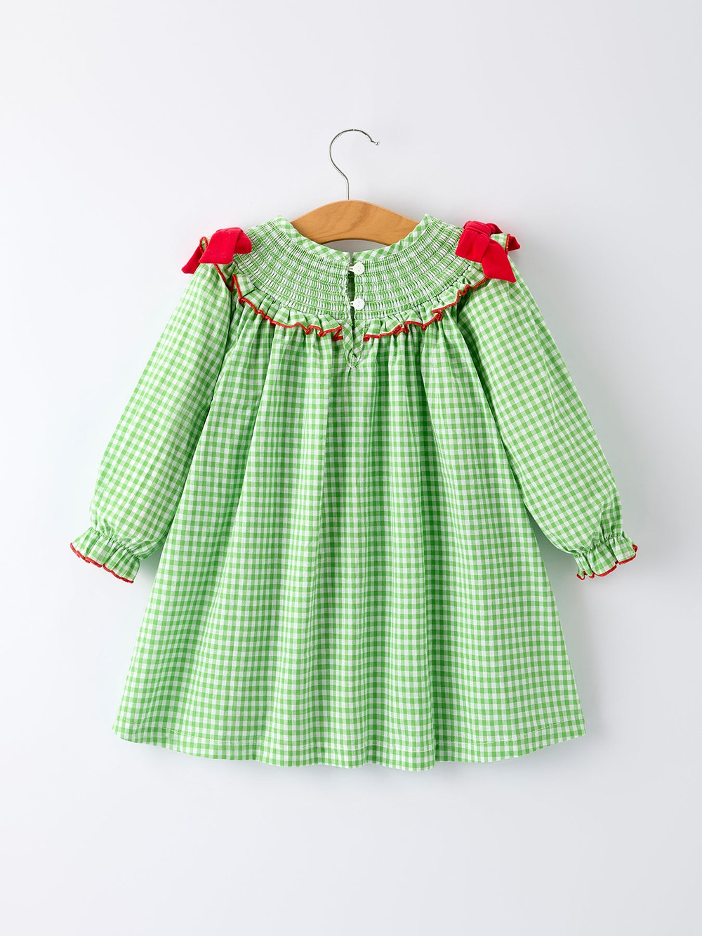 Christmas Tree Smocked Embroidery Girls Dress with Green Plaid
