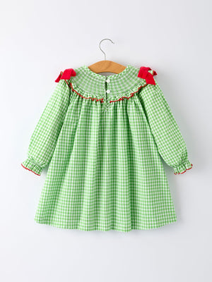 Christmas Tree Smocked Embroidery Girls Dress with Green Plaid