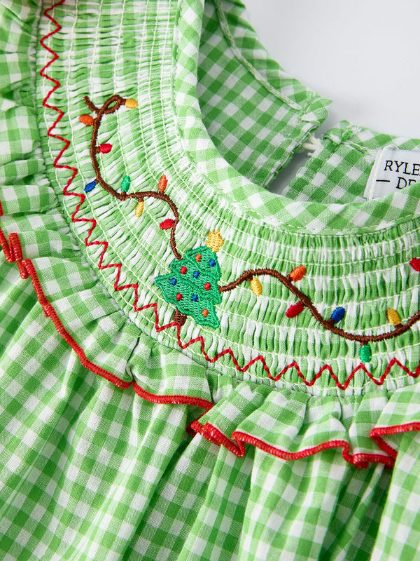 Christmas Tree Smocked Embroidery Girls Dress with Green Plaid