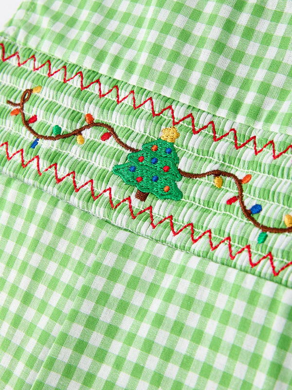 Christmas Tree Smocked Baby Romper with Green Plaid