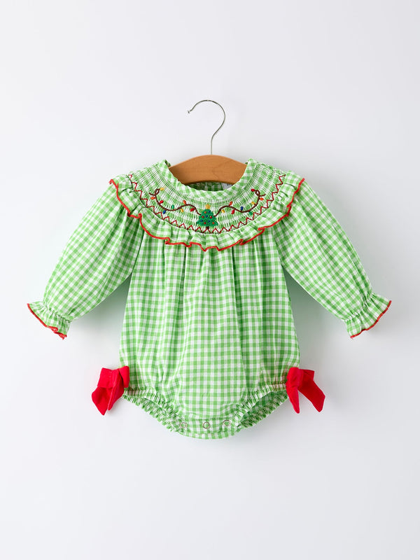 Christmas Tree Smocked Embroidery Baby Girls Romper with Green Plaid