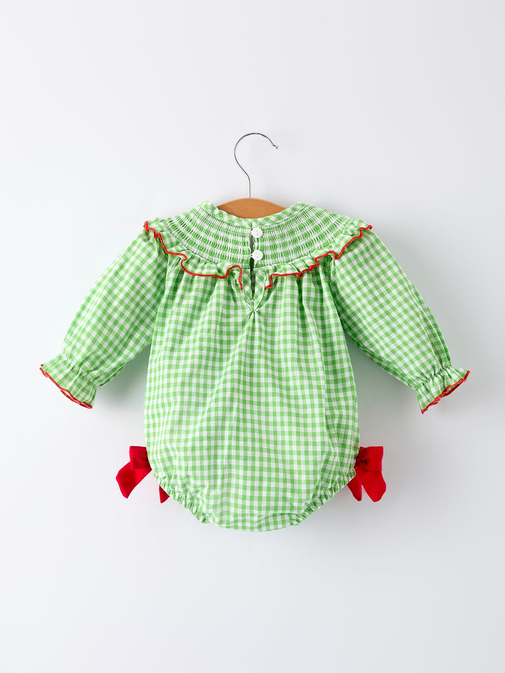 Christmas Tree Smocked Embroidery Baby Girls Romper with Green Plaid