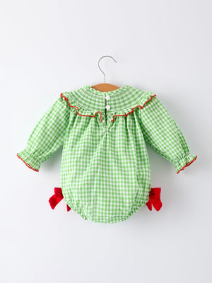 Christmas Tree Smocked Embroidery Baby Girls Romper with Green Plaid