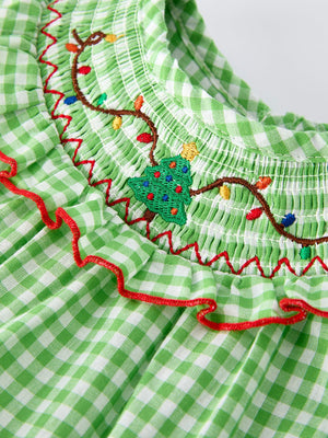 Christmas Tree Smocked Embroidery Baby Girls Romper with Green Plaid