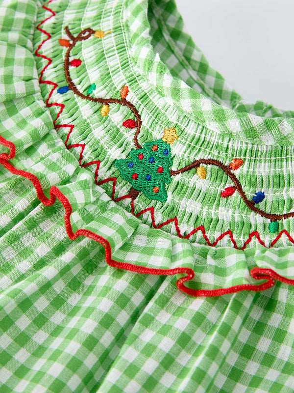 Christmas Tree Smocked Embroidery Baby Girls Romper with Green Plaid