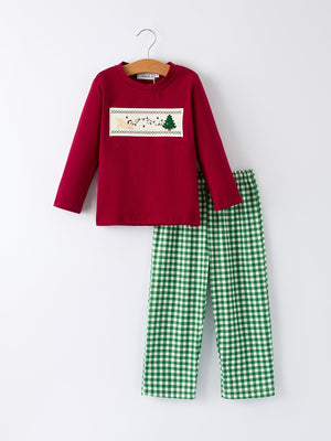 Christmas Tree Dog Smocking Embroidered  Plaid Boys Set