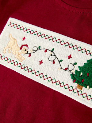 Christmas Tree Dog Smocking Embroidered  Plaid Boys Set