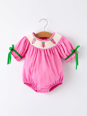 Christmas Pink Christmas Smocked Embroidery Tree Baby Girls Romper