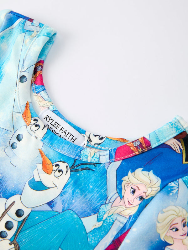 Blue Christmas Character Print Party Dress