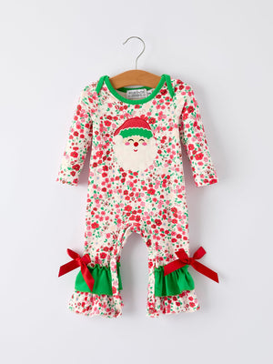 Christmas Santa Applique Baby Girls Floral Long Sleeve Ruffle Romper with Bow Ties