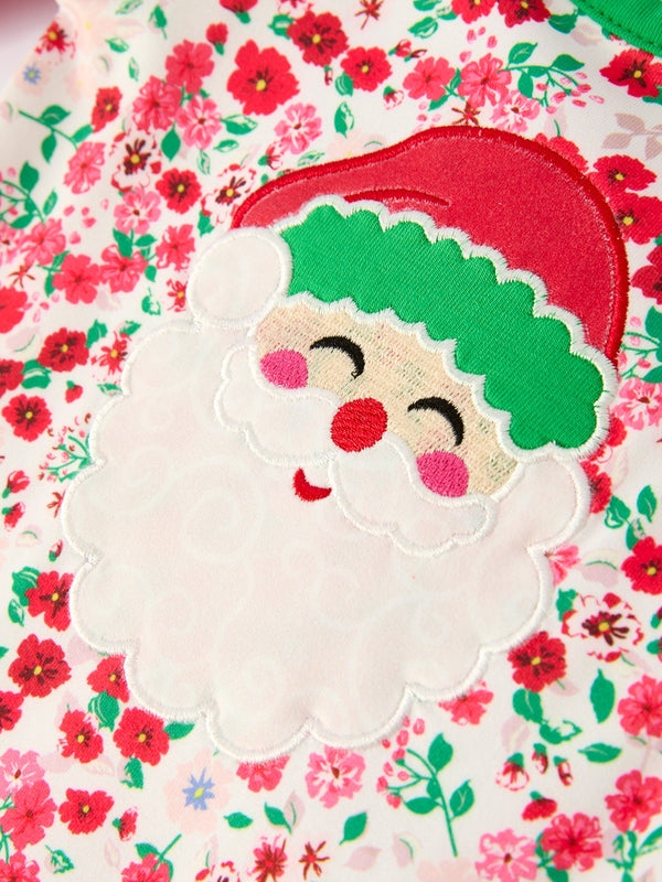 Christmas Santa Applique Baby Girls Floral Long Sleeve Ruffle Romper with Bow Ties