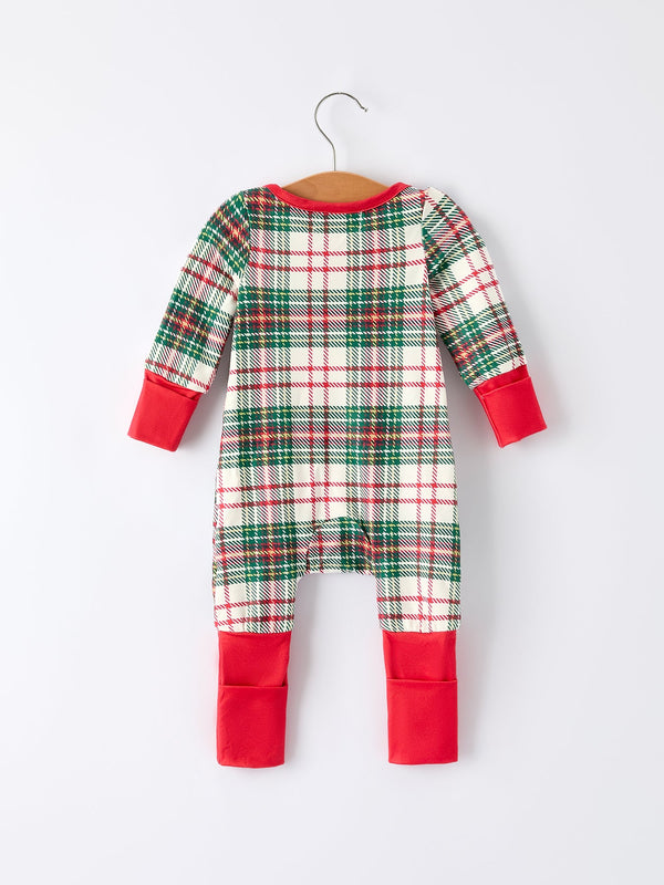 Christmas Plaid Baby Girls Romper with Long Sleeves and Red Cuffs