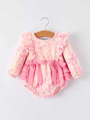Girls pink bow print long sleeves romper, perfect for stylish and comfortable baby outfits.